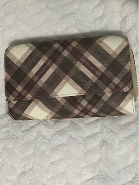 (NEW) Never Used Brown Plaid Zip-Around Wallet - Emalee RFID